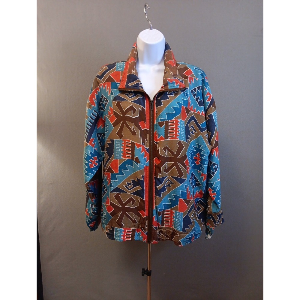 Vintage‎ EVR Silk Aztec Geo Bomber Zip Jacket Unisex Medium Oversized